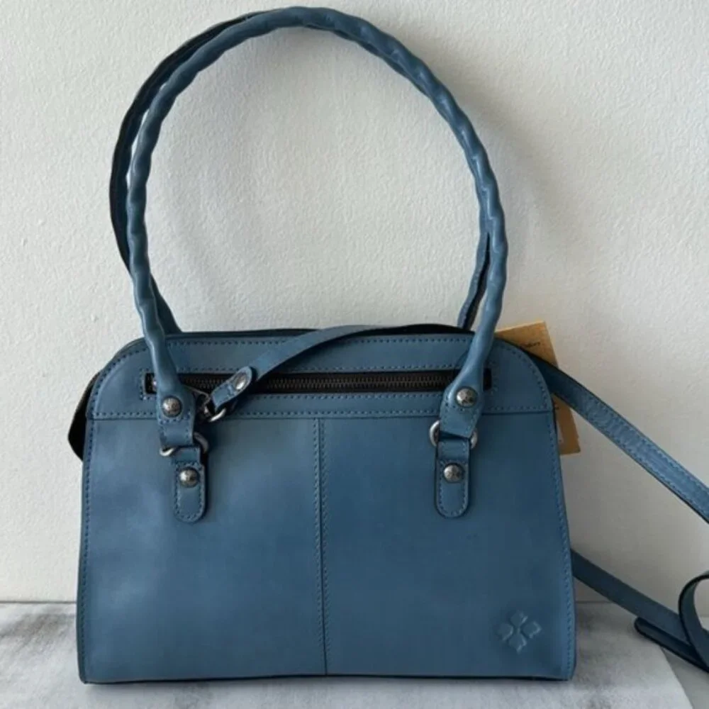 PATRICIA NASH LEATHER CALVI TOOLED FLORAL SATCHEL CROSSBODY SAFFLOWER BLUE